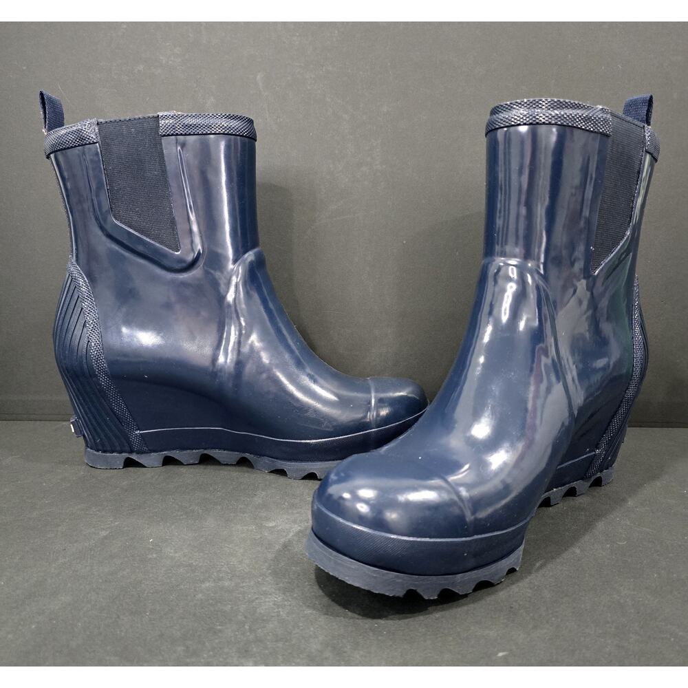 Sorel Joan Rain Wedge Chelsea Ankle Boots Navy Waterproof Lug Sole Womens 10.5 - Picture 3 of 9